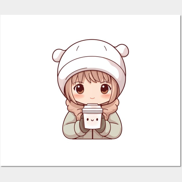 Kawaii little girl drinking hot chocolate Wall Art by Mon Kawaii Lab